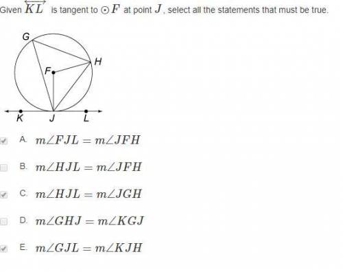 Given KL is tangent to circle F at point J, which of the statements are true?