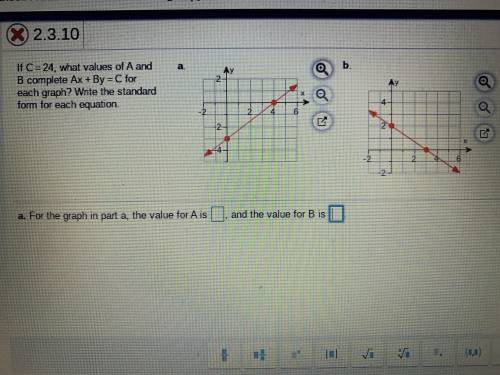 If c=24, what values of A and B complete Ax + By=C for each graph? Write the standard form for each