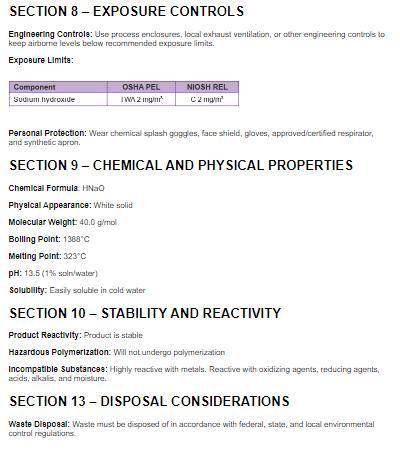 50 points. Examine these two MSDS from different manufacturers for sodium hydroxide (NaOH). Compare