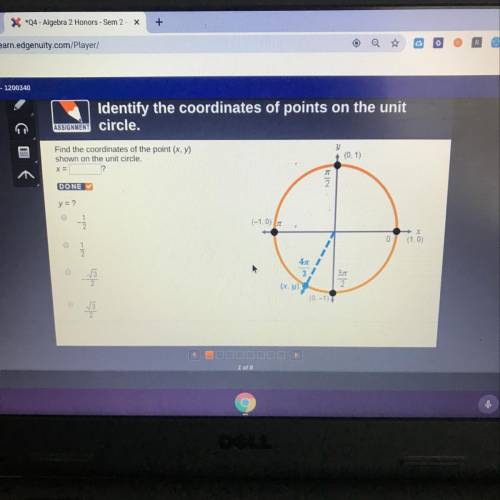 Y (0.1) Find the coordinates of the point (x, y) shown on the unit circle. X= DONE y = ? (-1.0) D 0