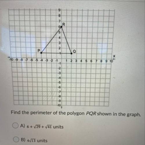 Find the perimeter of the polygon PQR shown in the graph