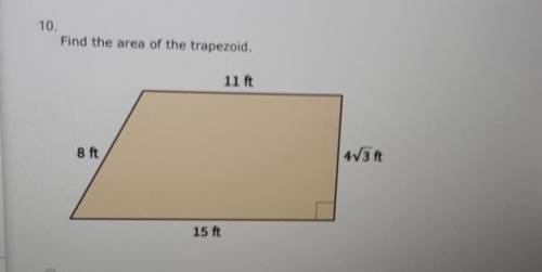 PLEASE HELP ASAP! Find the area of the trapezoid. A.60√3 ft^2 B.52√3ft^2 C.44√3ft^2 D.44√3-24ft^2