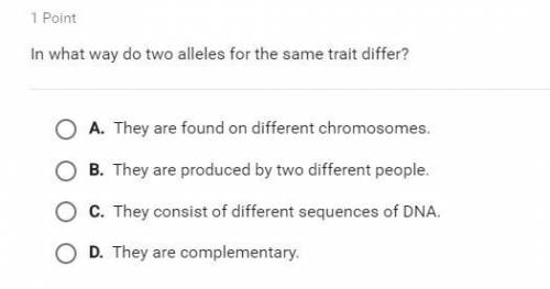 In what way do two alleles for the same trait differ?