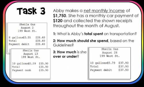 1: What is Abby's total spent on transportation?  2: How much should she spend on transportation, b