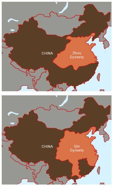 Given these images, if a third image showed the next dynasty's territory shrinking, which of these