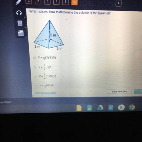Which shows how to determine the volume of the pyramid? 5 m 3 m 3 m V = 3(3)(3)(5) V = 3(3)(5) v =