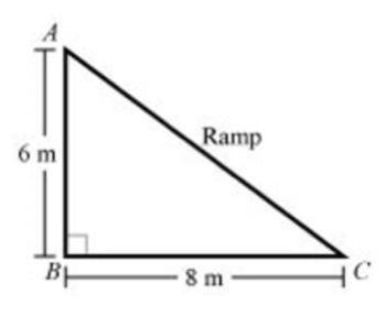 What is the length, in meters, of the ramp, line segment AC, below? Round to the nearest whole numb