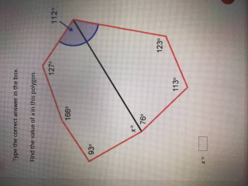 Type the correct answer in the box. Find the value of X in the Heptagon. 127° 166° 93° x degrees 76