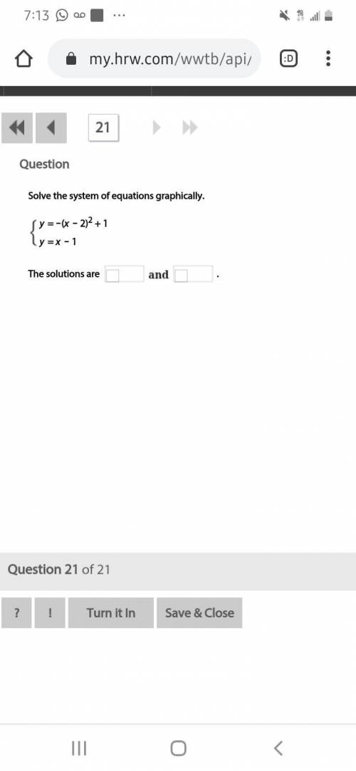Solve the system of equations graphically. Y= - (x-2)^2+1. Y= X-1