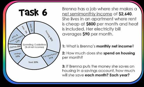 1: What is Brenna's monthly net income?  2: How much does she spend on housing per month?  3: If Br