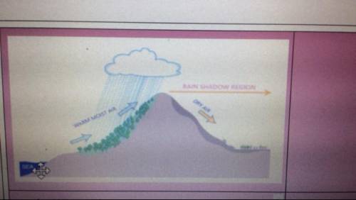Explain what is happening to air mass from the sea as it moves up the side of the mountain and down
