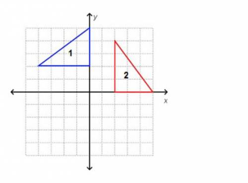 Triangle 1 is transformed onto triangle 2 in the graph below. On a coordinate plane, triangle 1 is