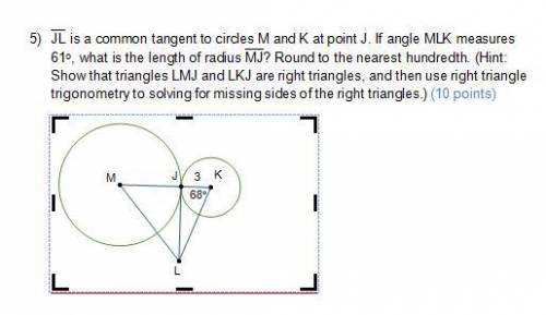 JL is a common tangent to circles M and K at point J. If angle MLK measures 61ᵒ, what is the length