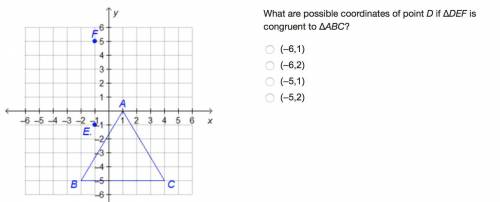 What are possible coordinates of point D if ΔDEF is congruent to ΔABC? (–6,1) (–6,2) (–5,1) (–5,2)
