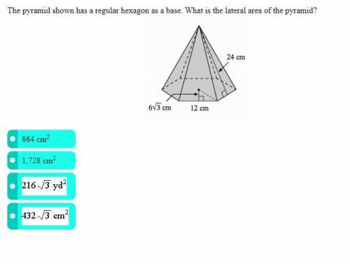 NEED HELP PLEASE: The pyramid shown has a regular hexagon as a base. What is the literal area of th