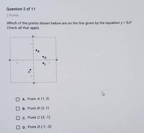 Which of the points shown below are on the line given by the equation y = 3x? Check all that apply.
