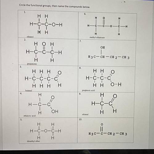 Circle the functional groups and I need help naming 7) and 10)