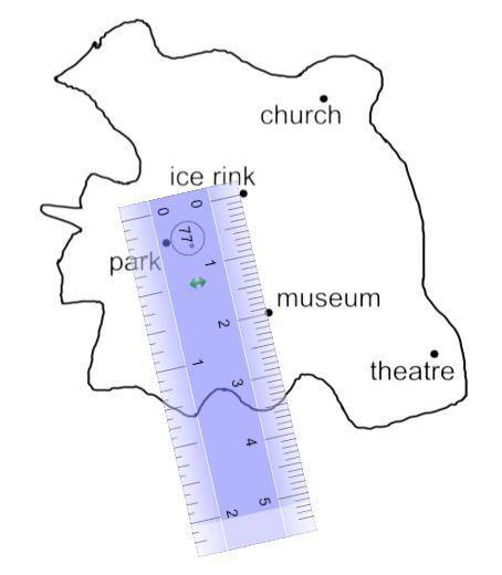 Here is a map of a town.

The map shows a centimetre ruler.
5 km is represented by 1 cm.
Find the