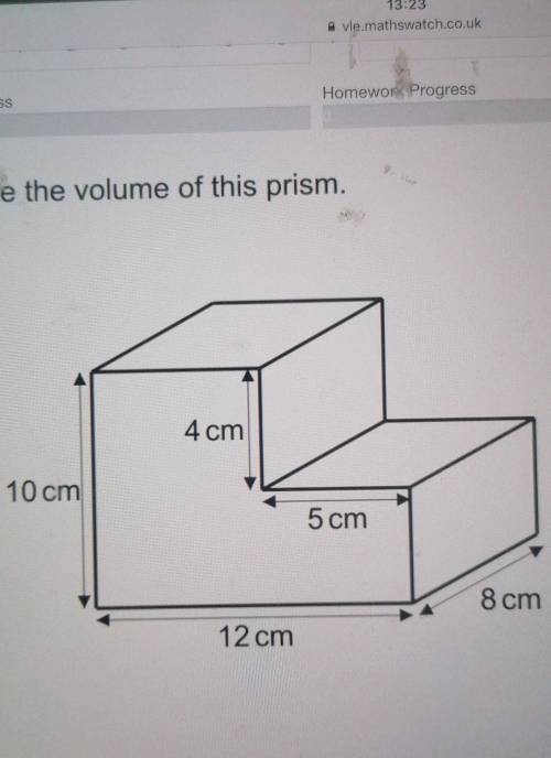 Calculate the volume of this prism.4 cm10 cm5 cm8 cm12 cm