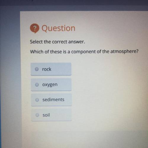 Which of these is a component of the atmosphere?

A-rock
B-oxygen 
C-sediments 
B-soil