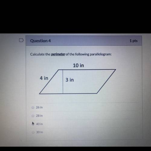 Calculate the perimeter of the following parallelogram:
10 in
4 in
3 in