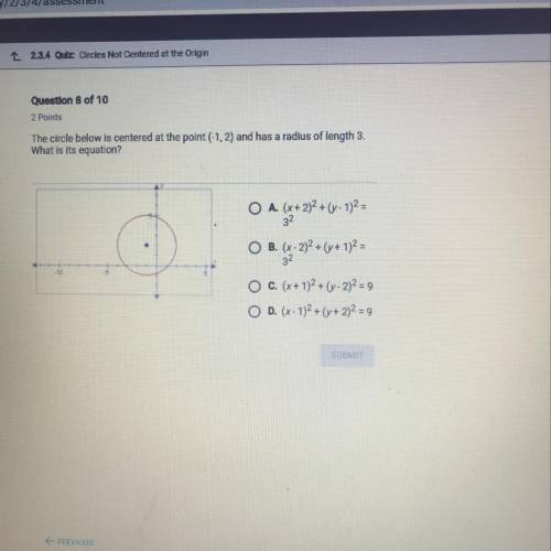 The circle part is centered at the point (-1,2) and has a radius of length 3. What is it’s equation