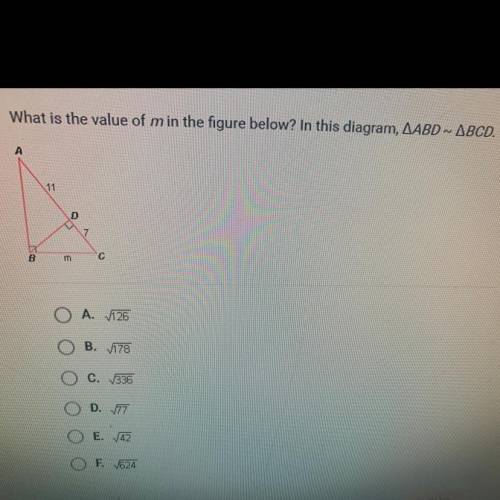 What is the value of m in the figure below? In this diagram, AABD - ABCD.

A
11
D
B
m
C
A. V126
B.