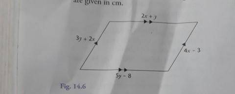 The side of the parallelogram in the figure above are given in cm.

Find x and y and the perimeter