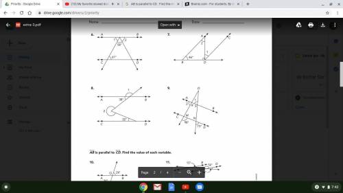 AB is parallel to CD . Find the measure of each numbered angle. I NEED HELP ON 8 AND 9 ASAP