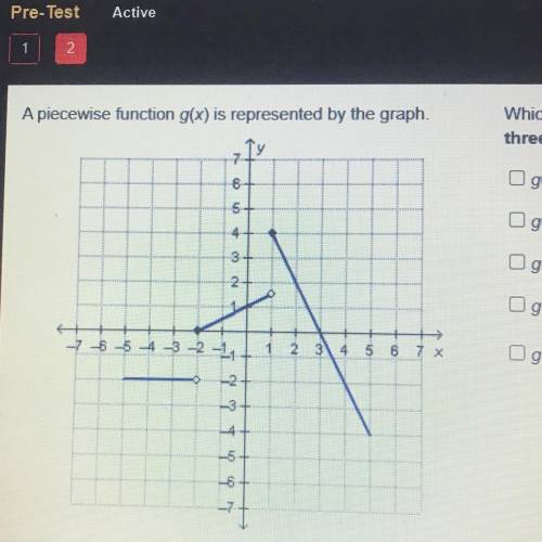 A piecewise function g(x) is represented by the graph

Which functions represent a piece of the fu