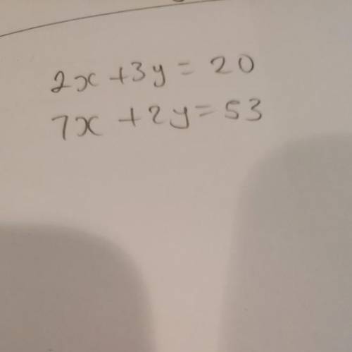 Can anyone help me with my homework ? 
2x+3y=20
7x+2y=53