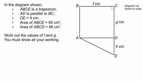 In the diagram shown,

ABCE is a trapezium,
AD is parallel to BC,
DE = 4cm,
Area of ABCE = 60cm^2,
