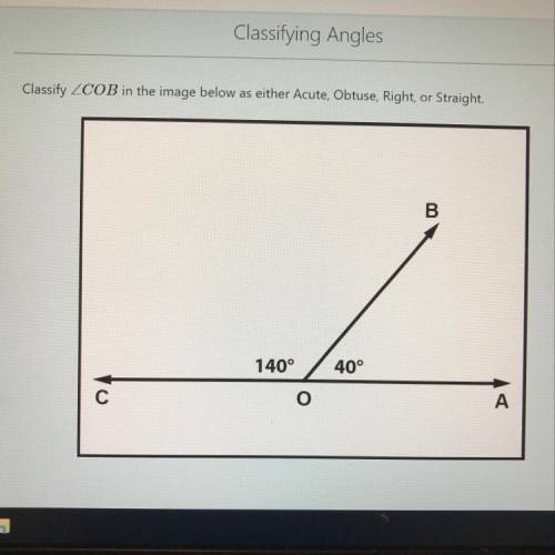 Classify COB in the image above as either acute, obtuse, right, or straight angle.