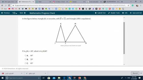 In the figure below, triangle JKL is isosceles, with JK LK, and triangle LMN is equilateral.

If m