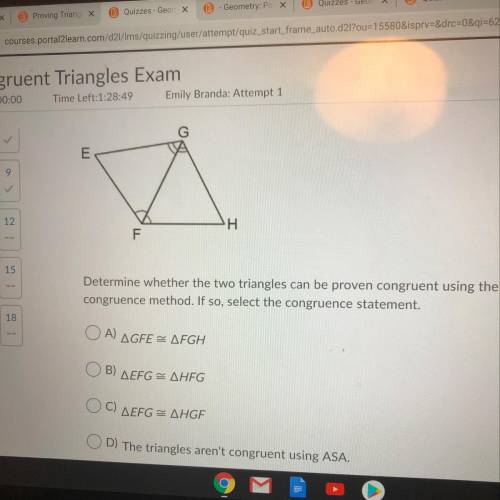 Determine whether the two triangles can be proven congruent using the ASA

congruence method. If s