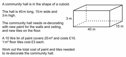 A Community hall is in the shape of a cuboid. Work out the paint cost, tiles cost and total cost.
