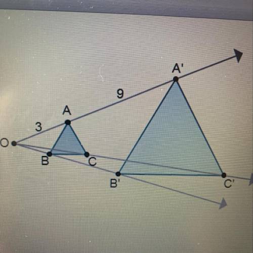 Triangle ABC is dilated to create triangle A’B’C’ using point O as the center of dilation. What is