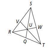 In triangle R S T U is the centroid. If UQ = 6, find US and QS. If UT = 3, find UV and TV.