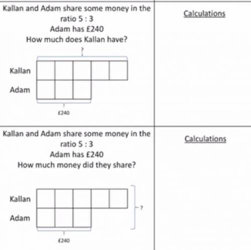 Kaplan and Adam share some money in the ratio 5:3

Adam has £240 
How much does kallan have/ how m