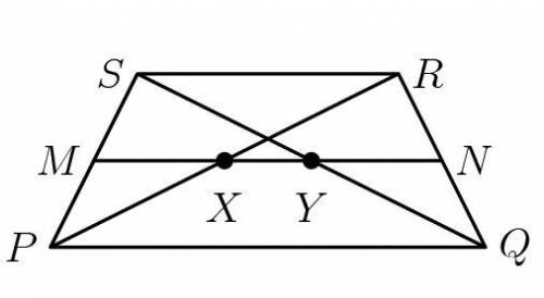 Quadrilateral PQRS is a trapezoid with bases . The median  meets the diagonals  and  at X and Y, re