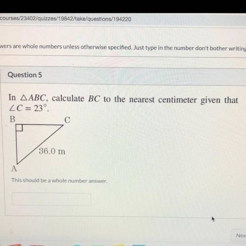 In ABC, calculate BC to the nearest centimeter given that C =23