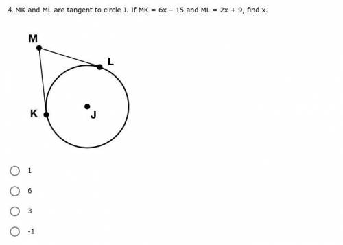 / / * ANSWER PLS * / / MK and ML are tangent to circle J. If MK = 6x – 15 and ML = 2x + 9, find x.