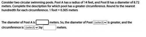 Consider two circular swimming pools. Pool A has a radius of 14 feet, and Pool B has a diameter of
