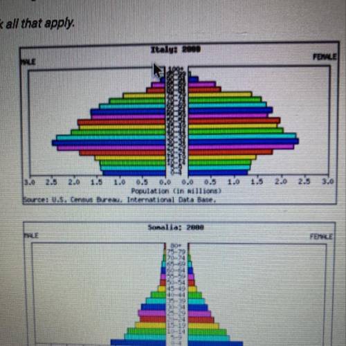 Compare these two societies based on their population pyramids. Which of the following statements i