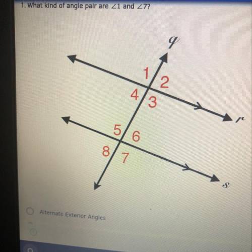 The answers

Alternate exterior angles
Corresponding angles
Same-side interior angles
Alternate in