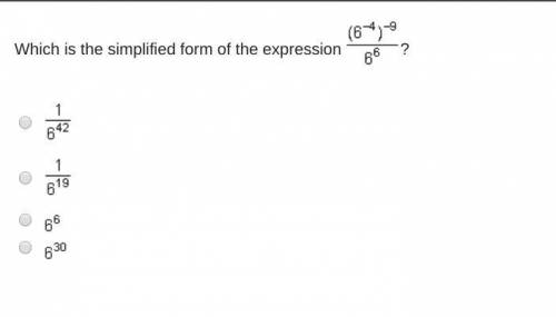 Need help ASAP! Which is the simplified form of the expression StartFraction (6 Superscript negativ