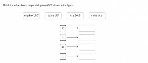Match the values based on parallelogram ABCD, shown in the figure. length of BC value of y m∠DAB va