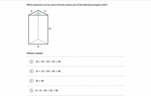 Which expression can be used to find the surface area of the following triangular prism?