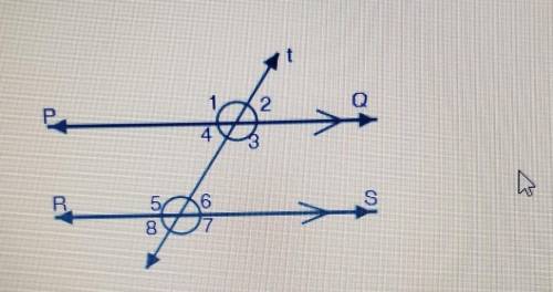 the figure below shows a transversal t which intersects the parallel lines PQ and RS: write a parag