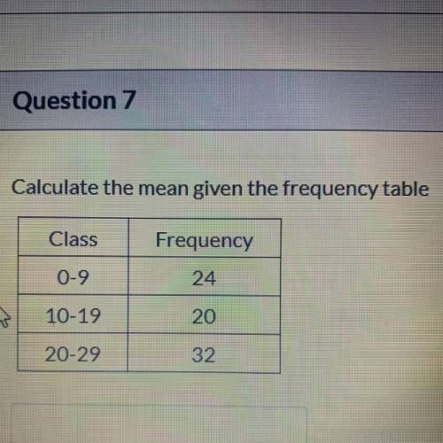 Calculate the mean given the frequency table

Class
Frequency
0-9
24
10-19
20
20-29
32